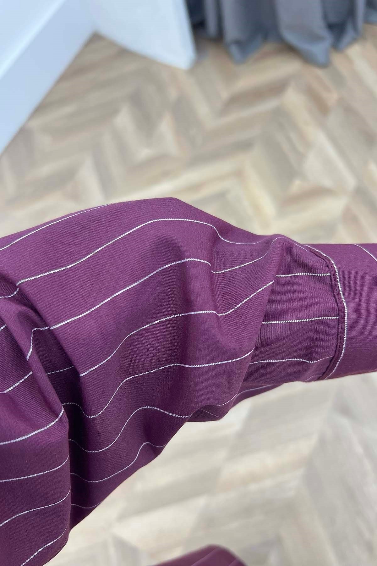 Dik Çizgili Omuz Fular Detaylı Gömlek Bordo