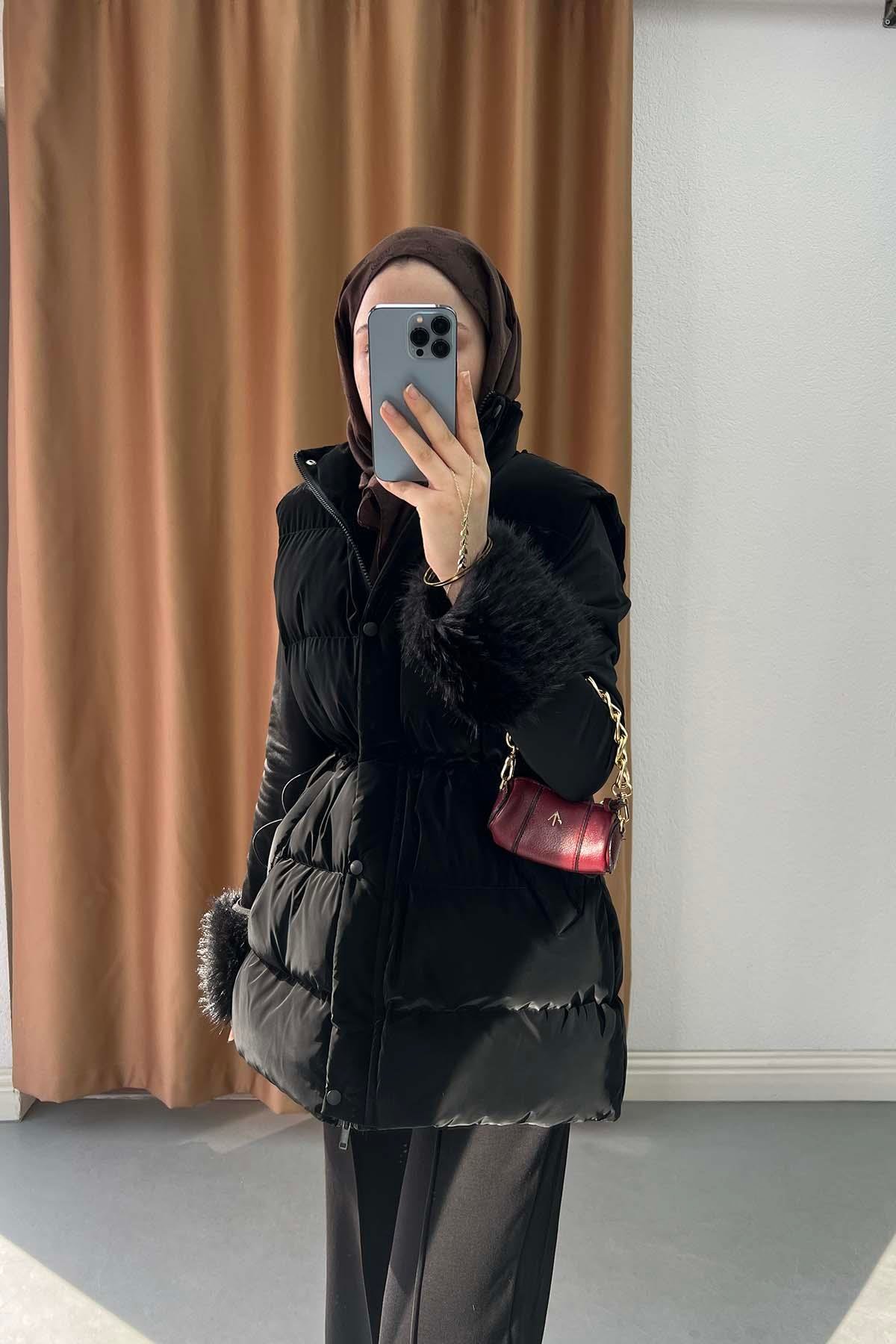 Dik Yaka Astarlı  Puffer Yelek Siyah