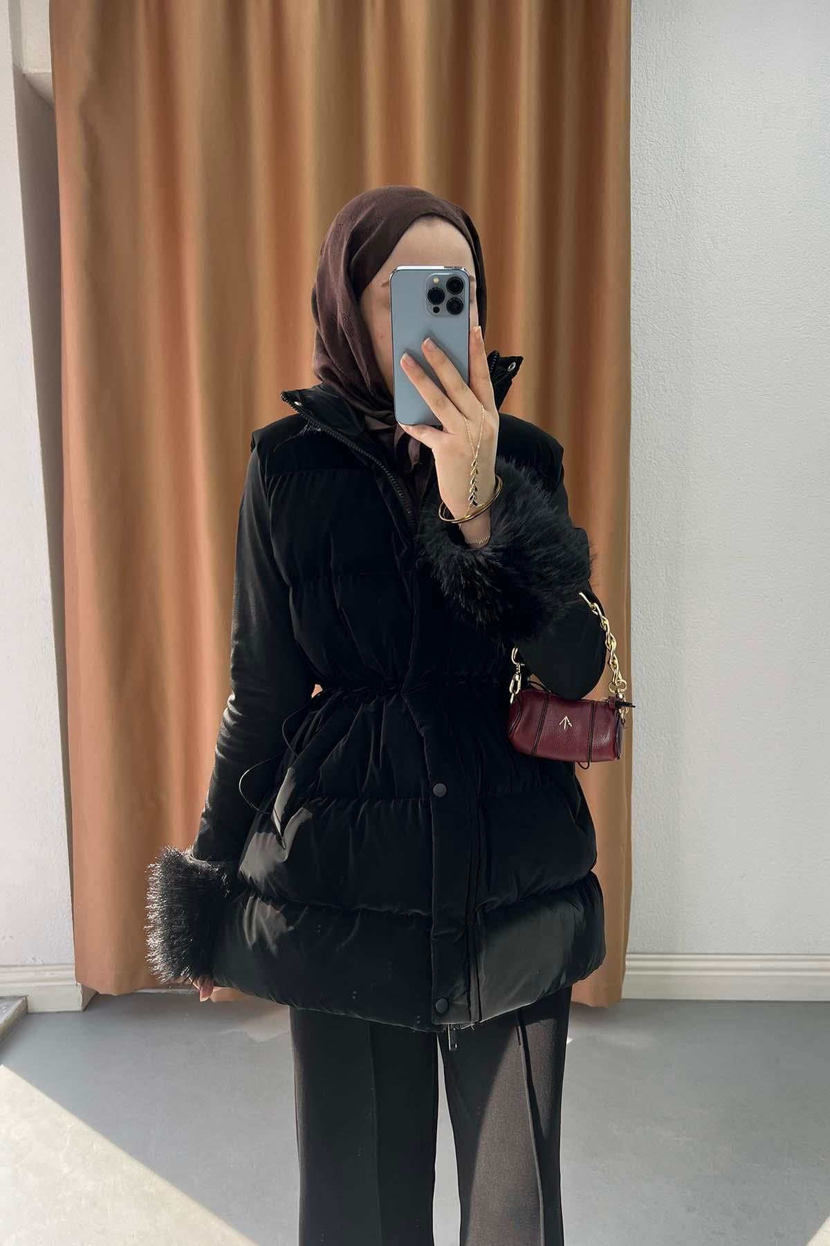 Dik Yaka Astarlı  Puffer Yelek Siyah