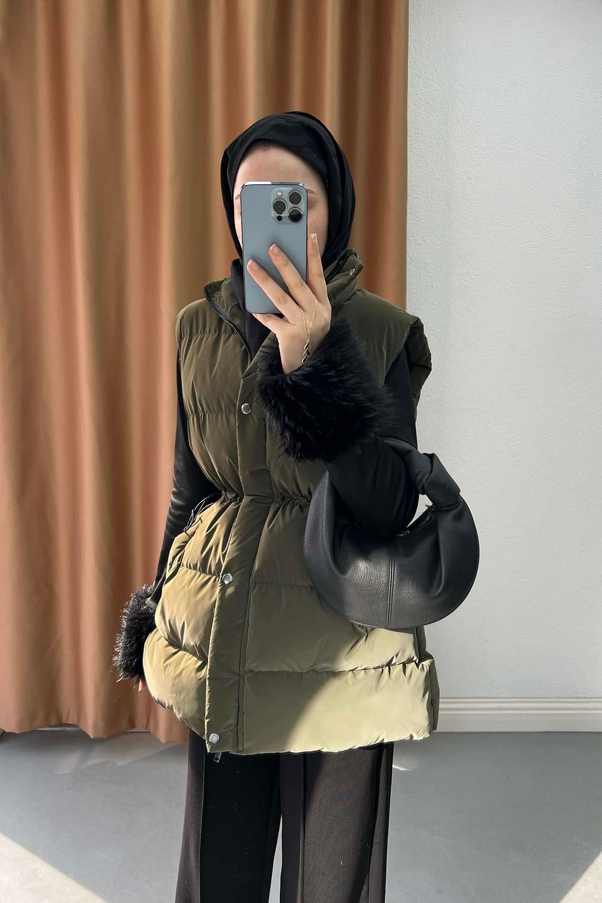 Dik Yaka Astarlı  Puffer Yelek Yeşil