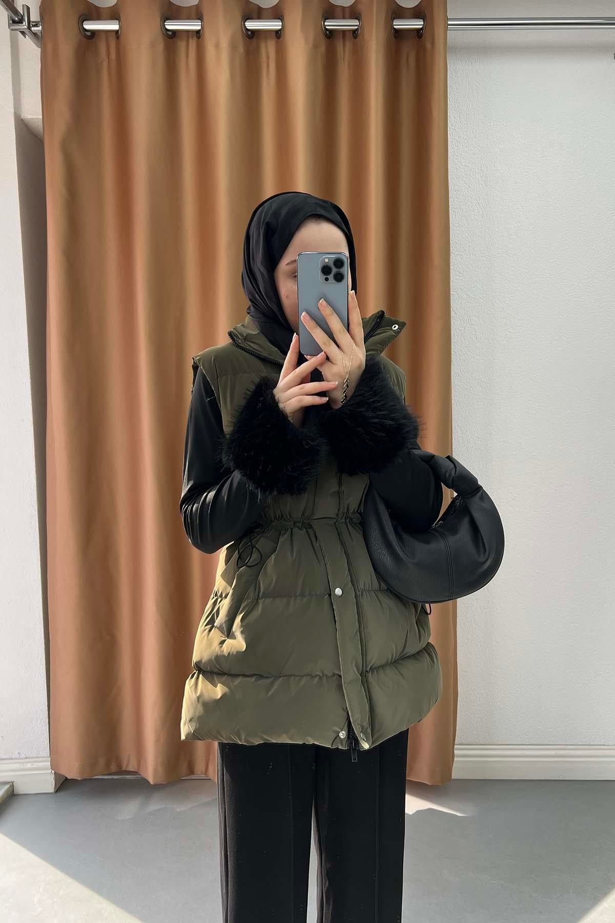 Dik Yaka Astarlı  Puffer Yelek Yeşil