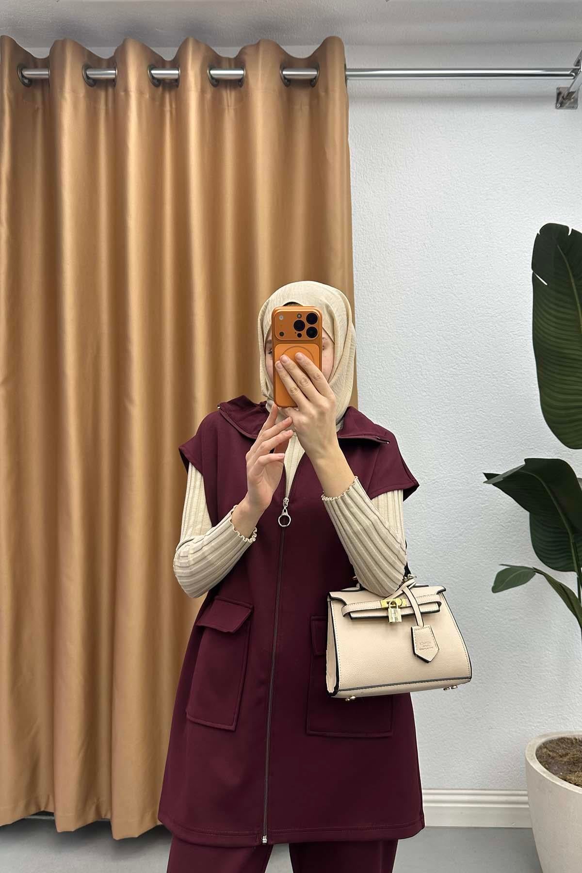 Dik Yaka Beli Lastikli Oysh Takım Bordo