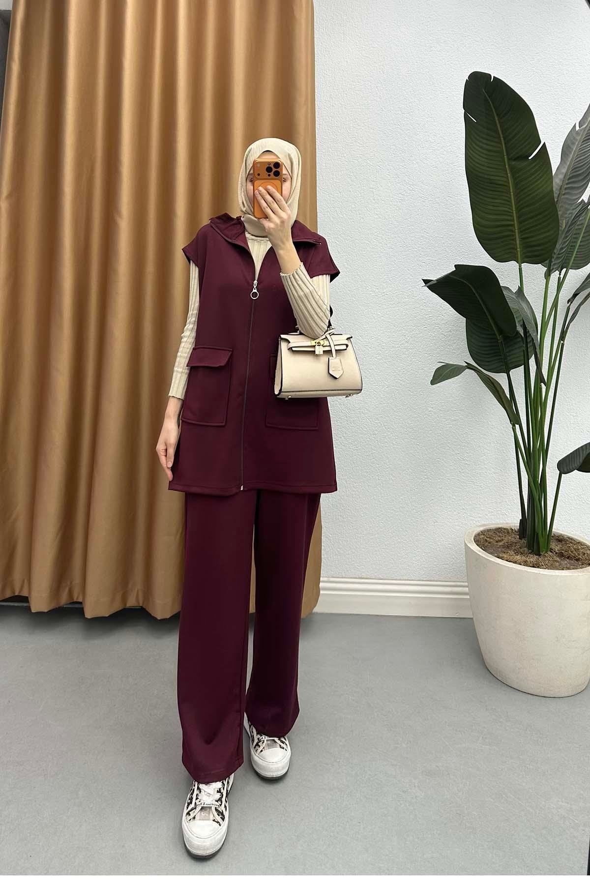 Dik Yaka Beli Lastikli Oysh Takım Bordo
