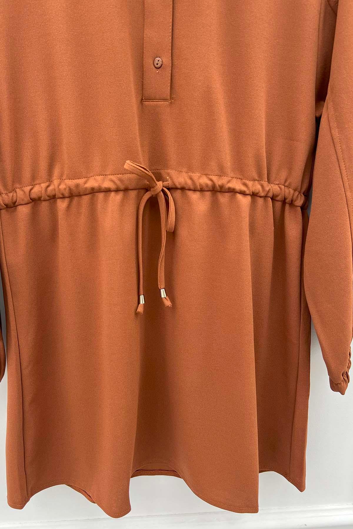 Dik Yaka Büzgülü Tunik Kahve