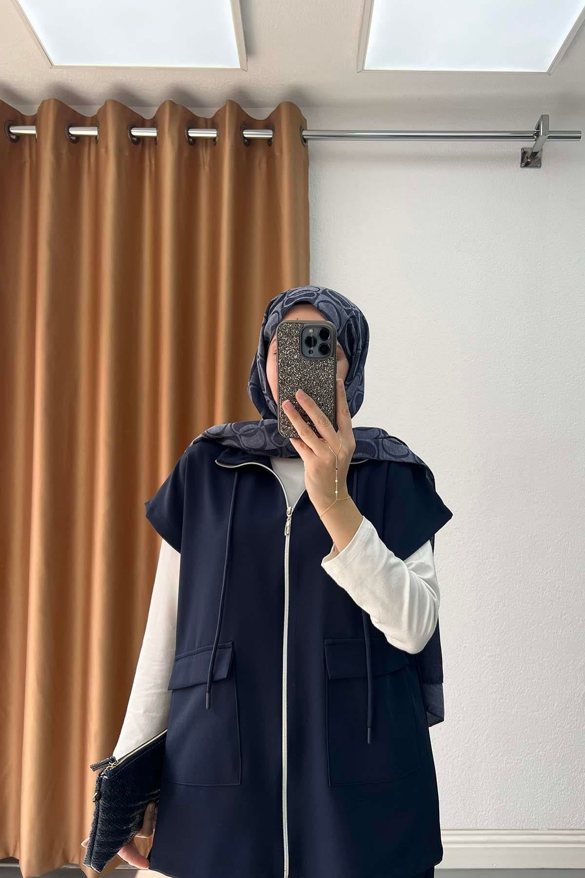 Dik Yaka Double Yelek Takım Mavi