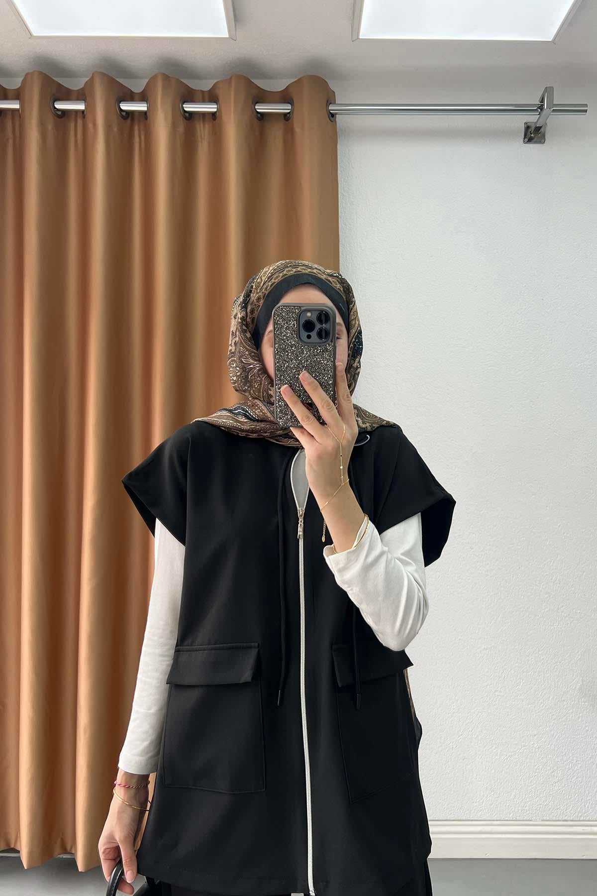 Dik Yaka Double Yelek Takım Siyah