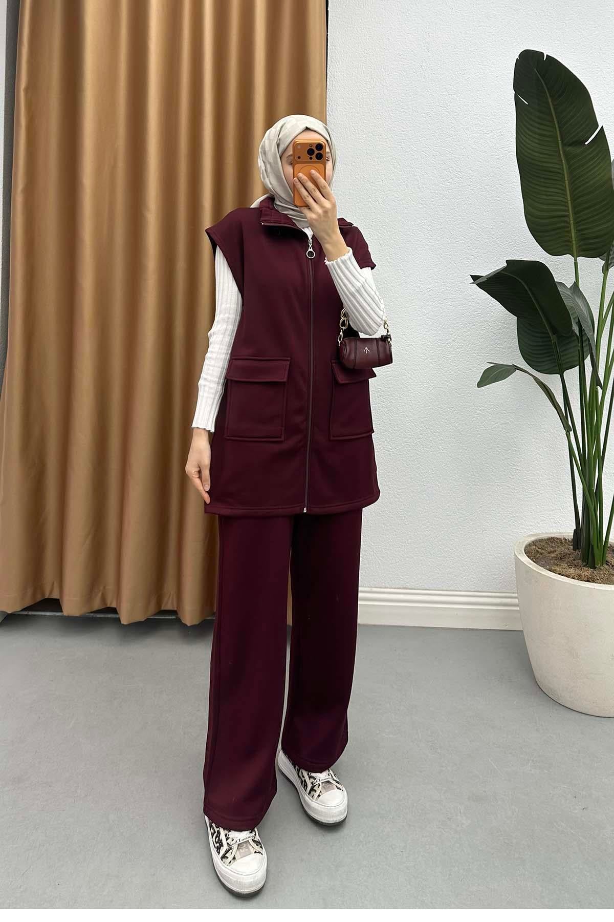 Dik Yaka Şardonlu Oysh Takım Bordo