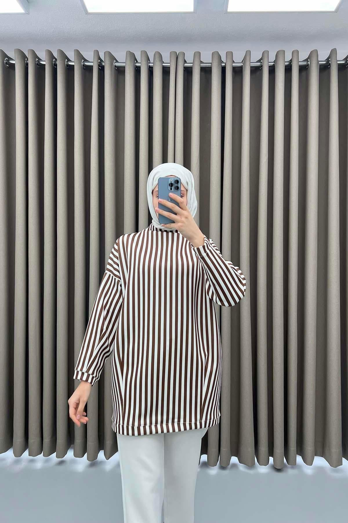 Dik Yaka Scuba Bluz Kahve