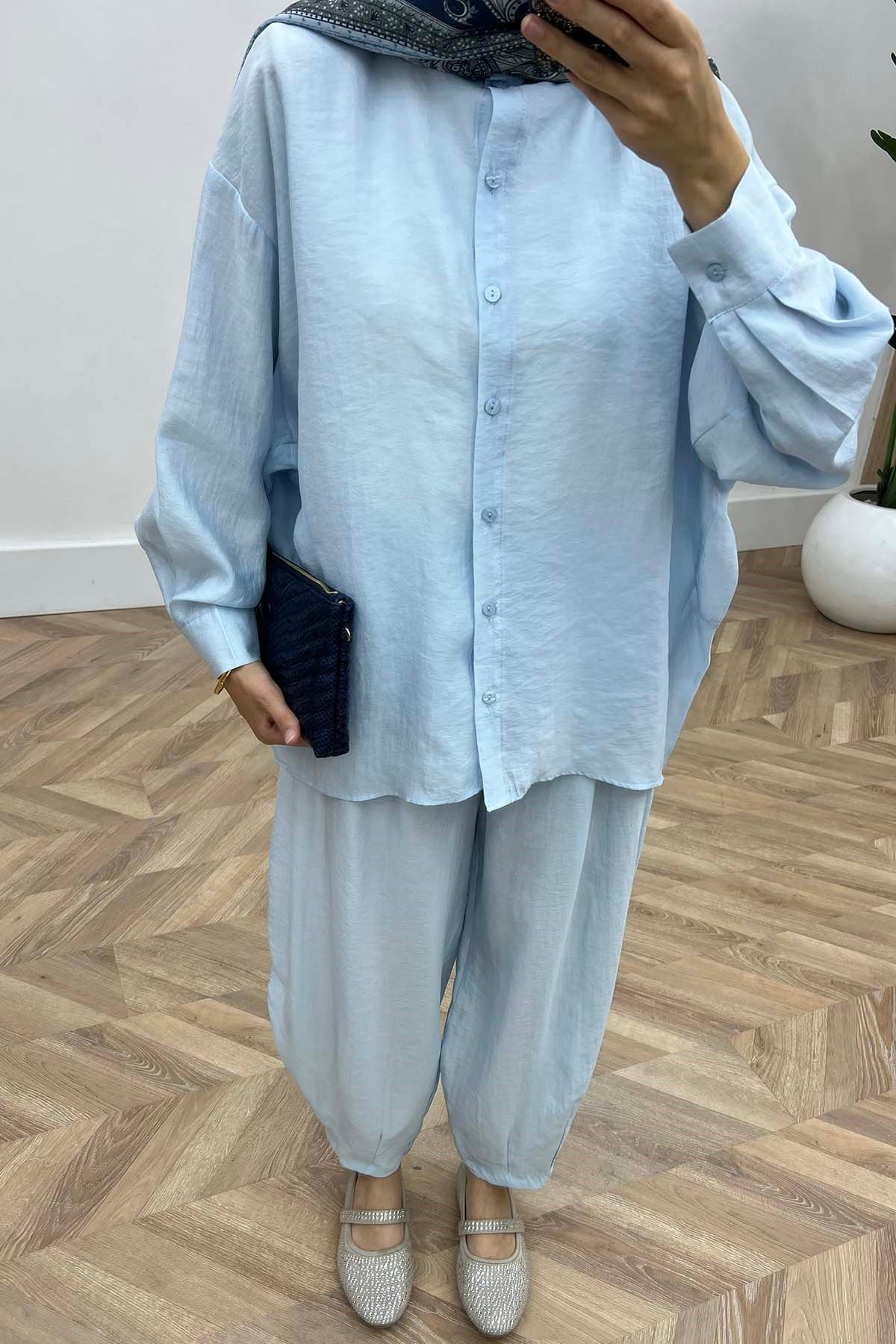 Doğal Keten Görünümlü Rahat Kesim Takım Bebe Mavi