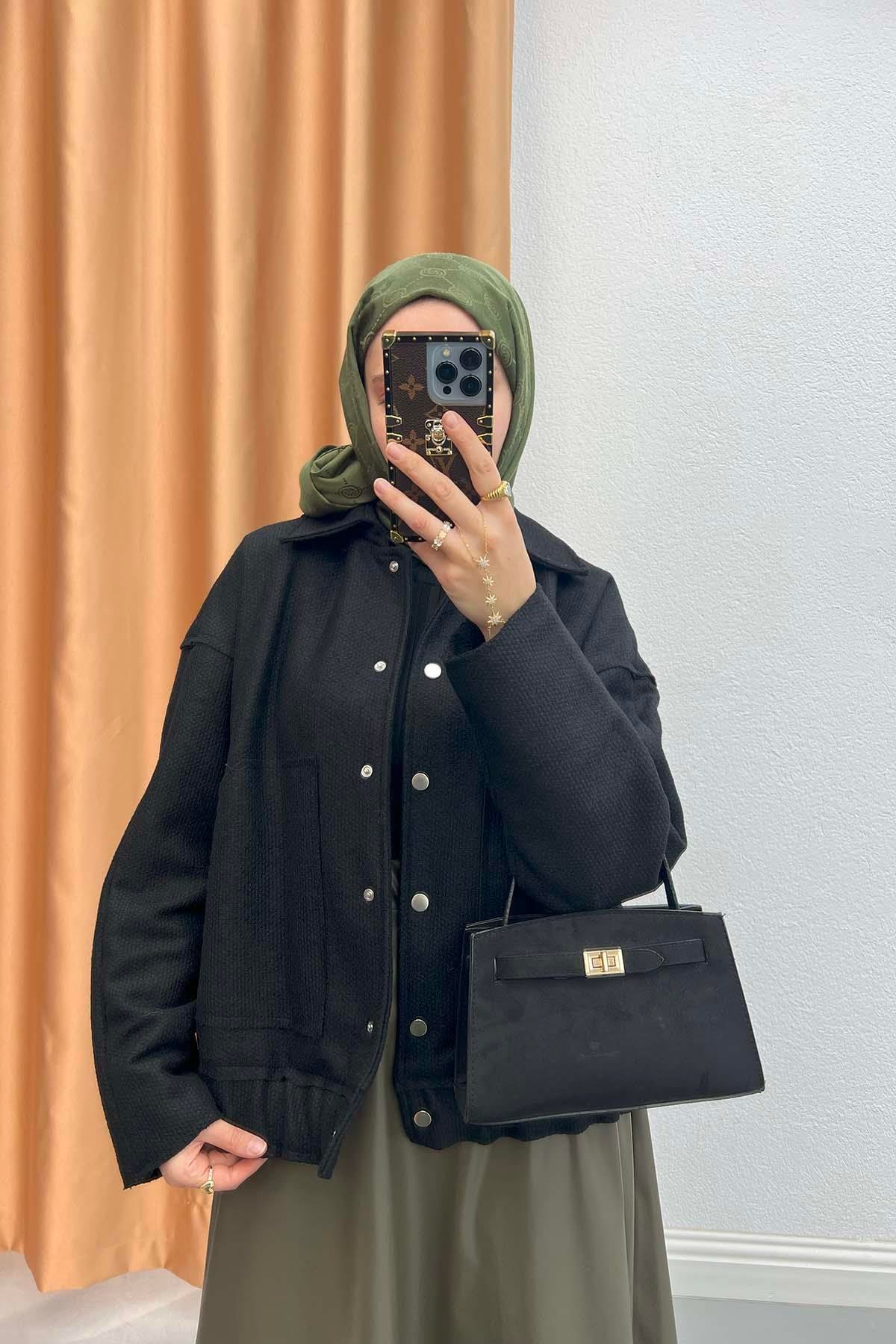 Dokulu Bomber Ceket Siyah