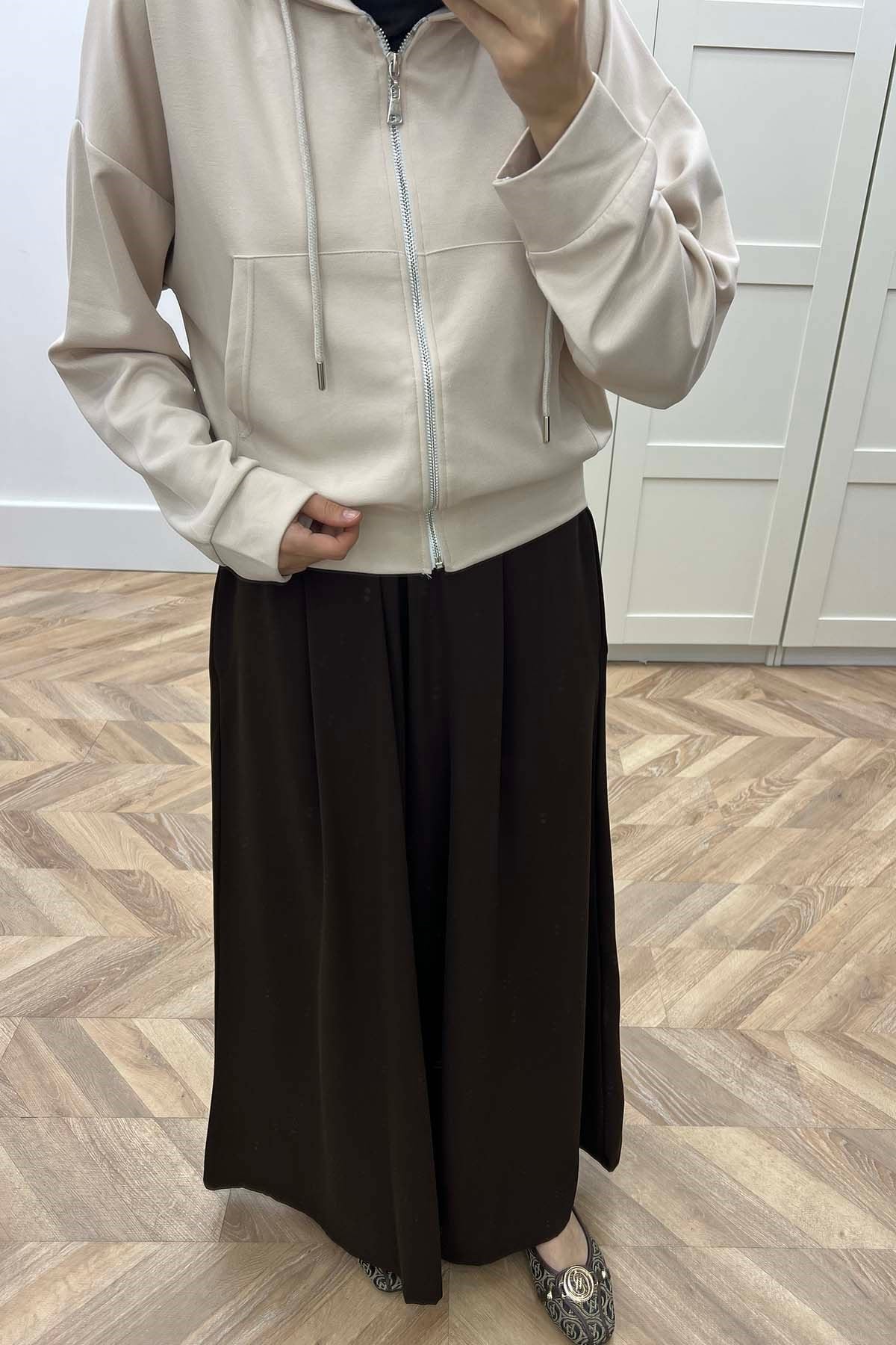 Dökümlü Geniş Paça Krep Pantolon Kahve