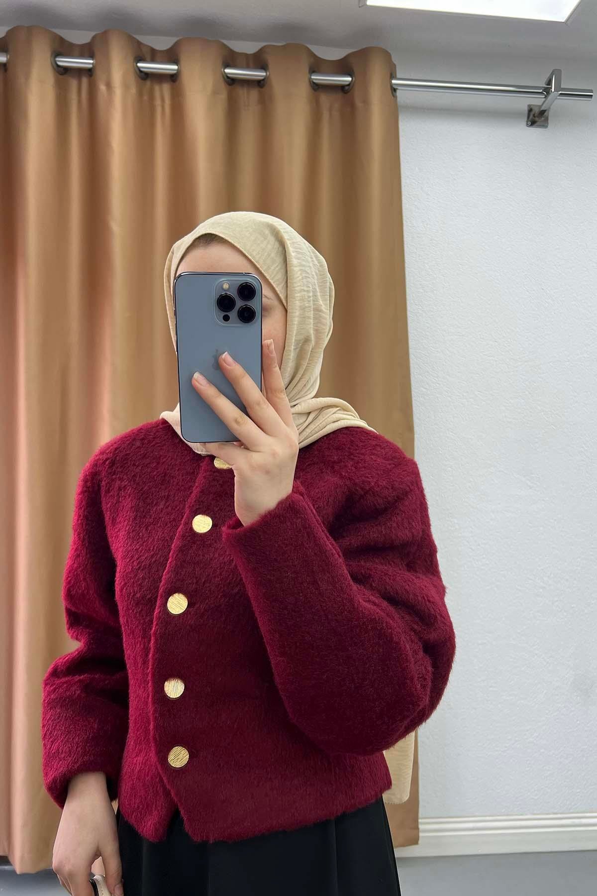 Dore Düğmeli Vintage Tüylü Yakasız Astarlı Ceket Kırmızı