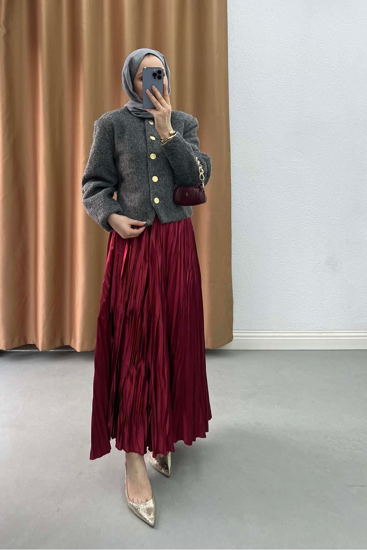 Dore Düğmeli Vintage Tüylü Yakasız Astarlı Ceket Gri