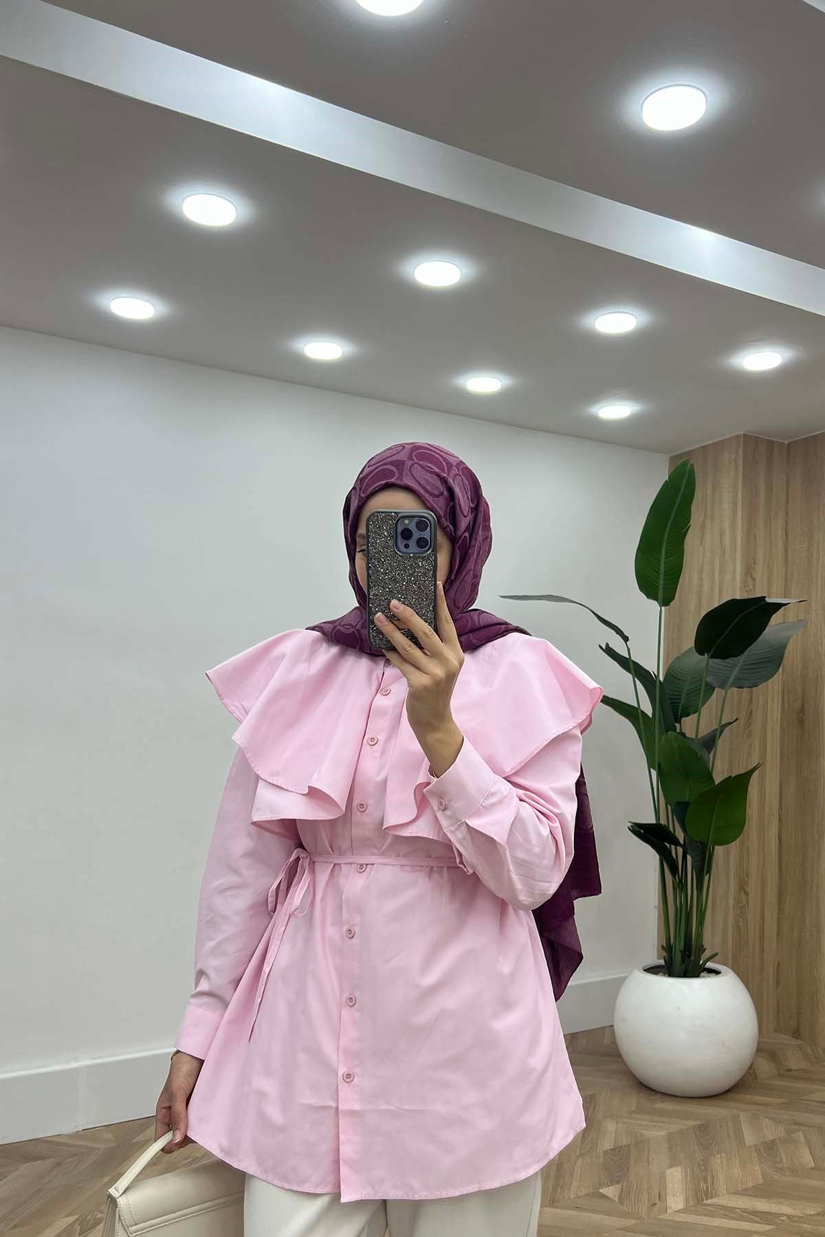 Dramatik Yaka Gömlek Pembe