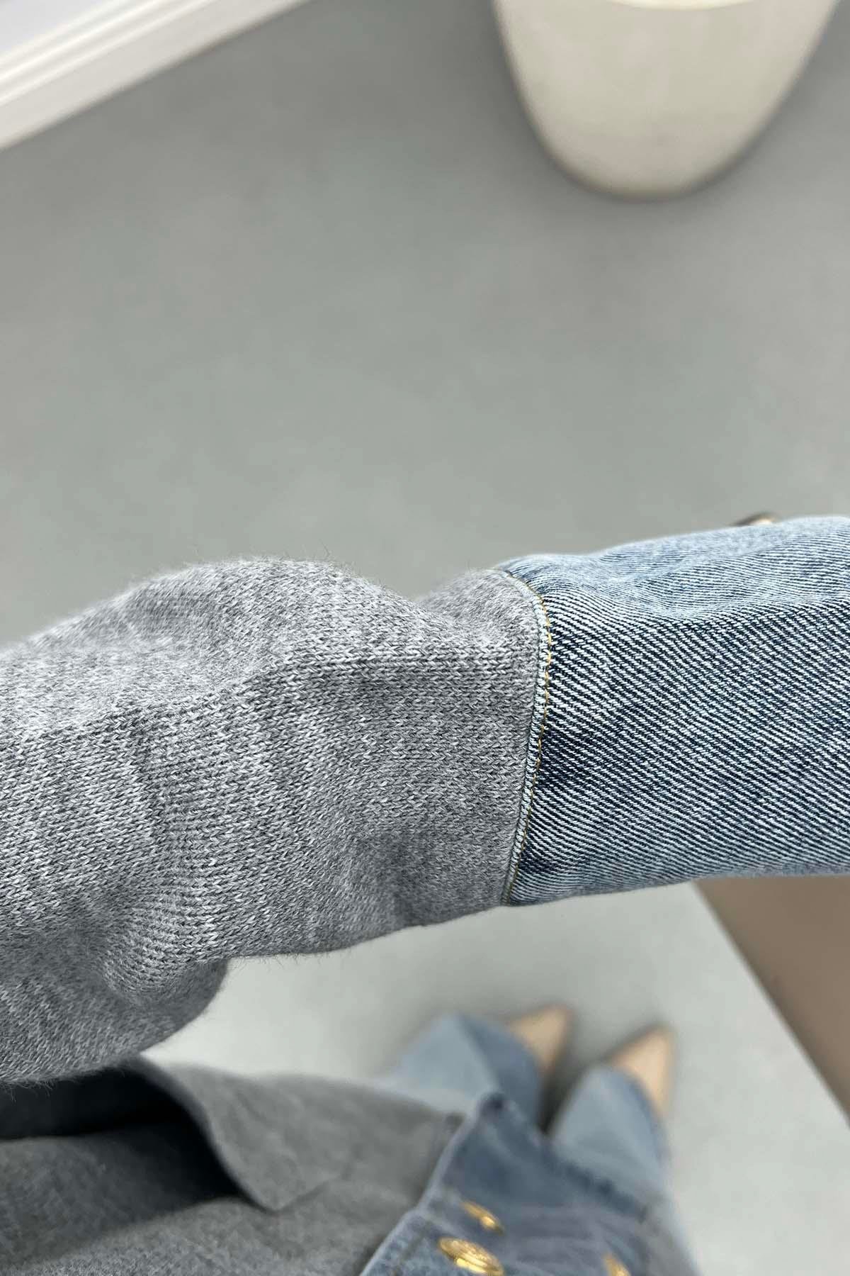 Düğme Detaylı Kot Pantolonlu Takım Gri