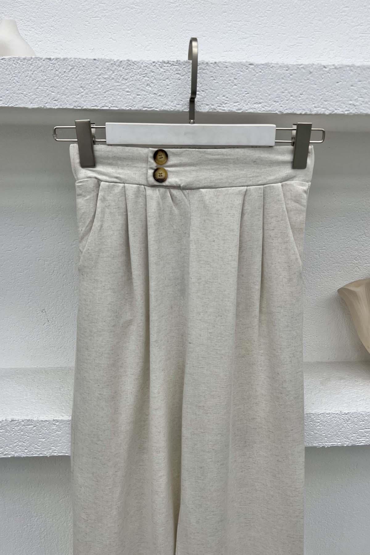 Düğme Detaylı Pantolon Taş