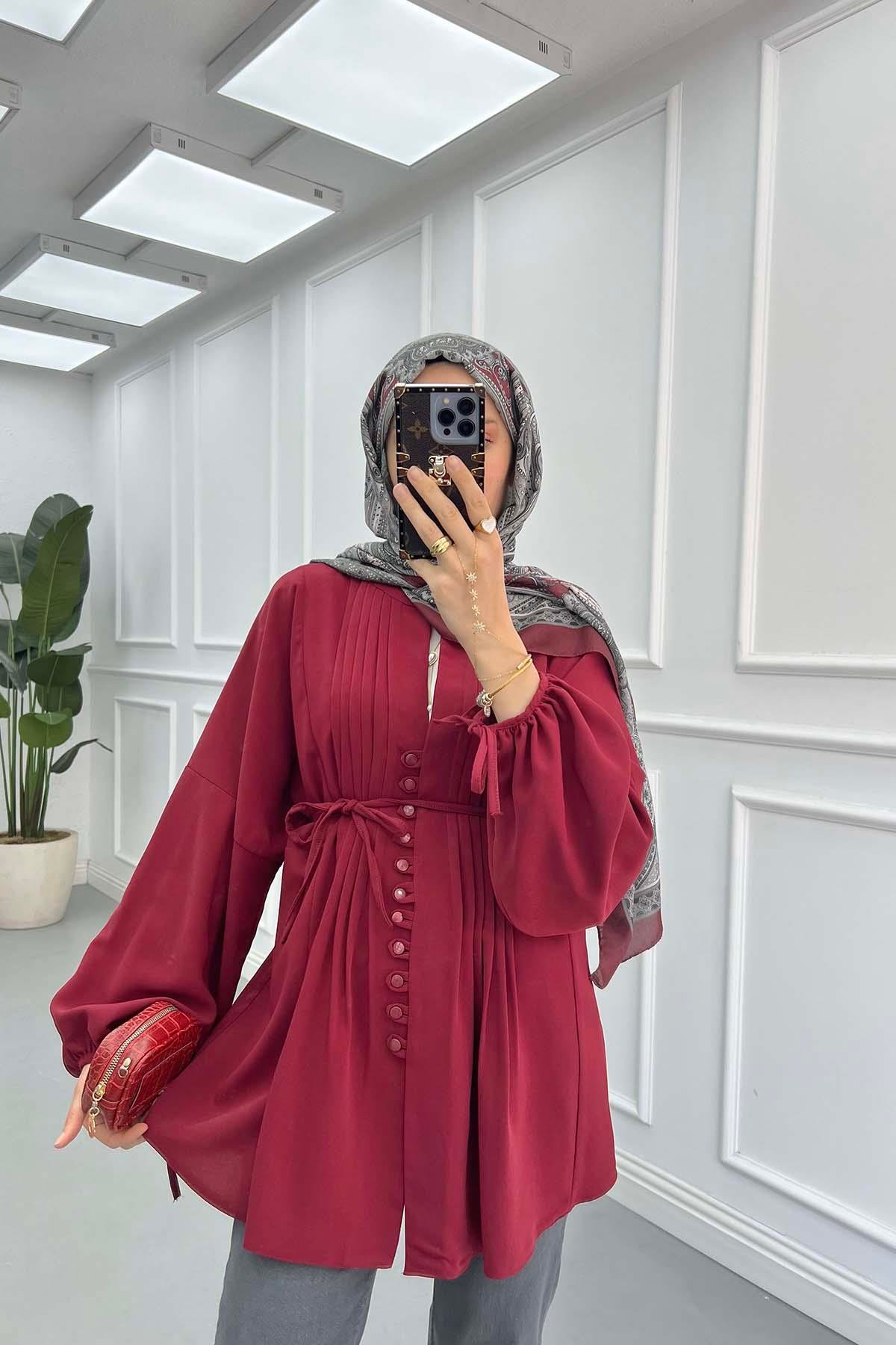 Düğme Detaylı Piliseli Gömlek Bordo