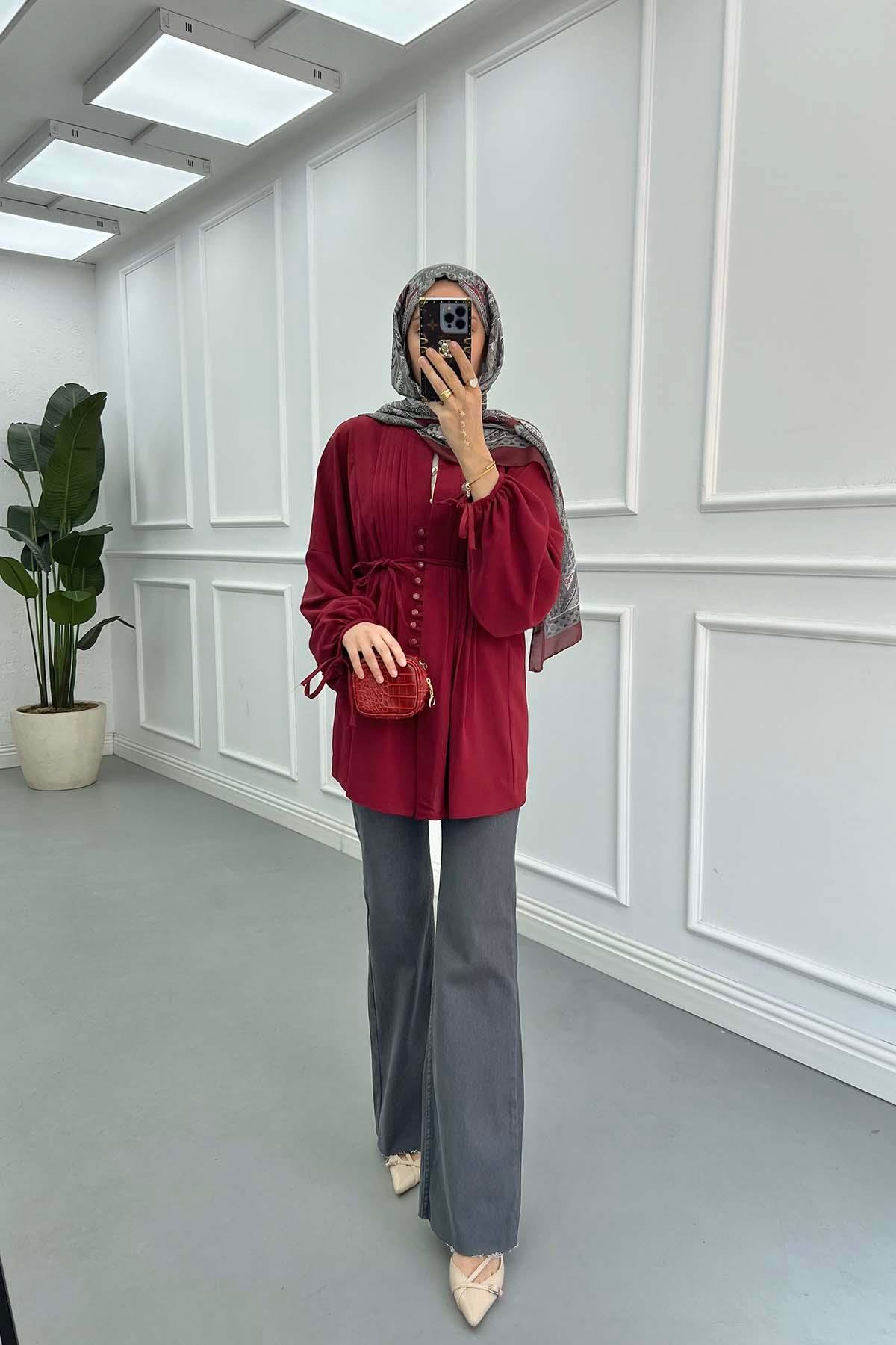 Düğme Detaylı Piliseli Gömlek Bordo