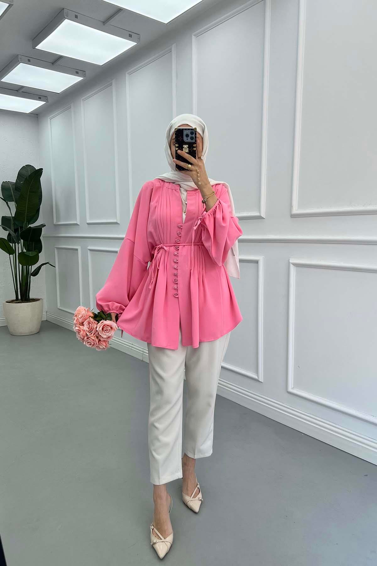 Düğme Detaylı Piliseli Gömlek Pembe