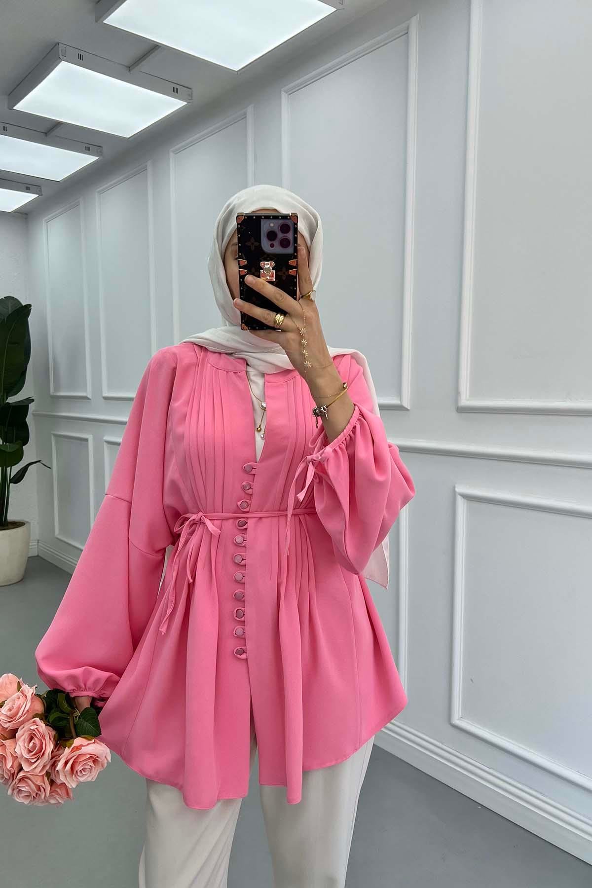 Düğme Detaylı Piliseli Gömlek Pembe
