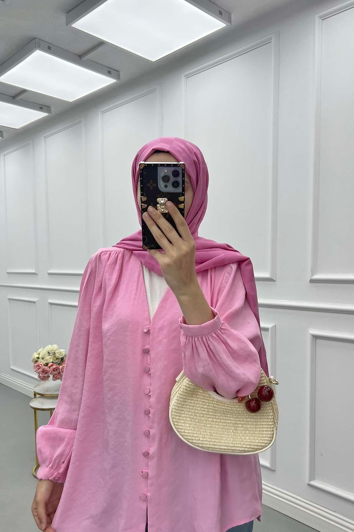 Düğme Detaylı Tensel Gömlek Pembe