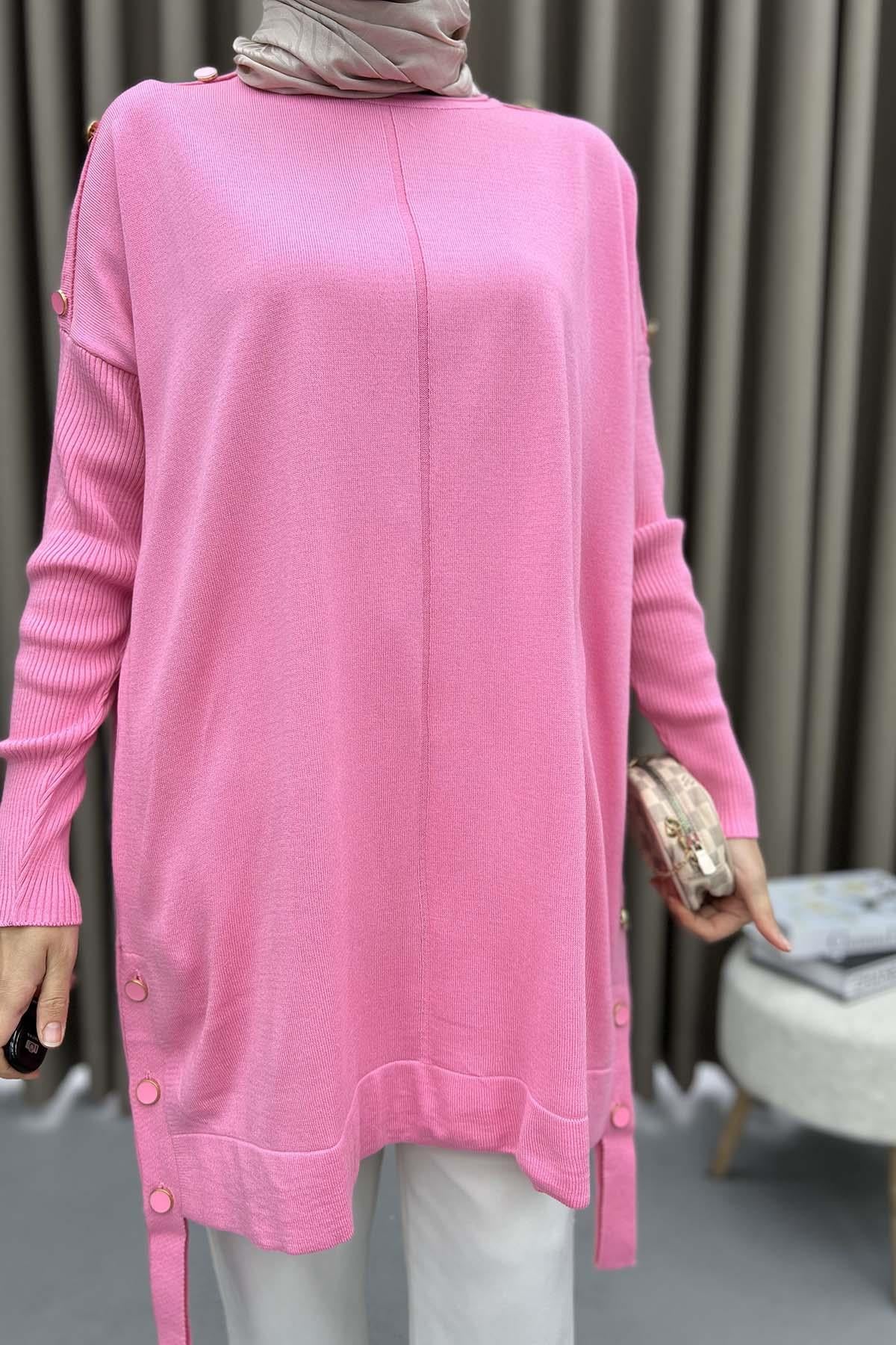 Düğme Detaylı Triko Kazak Pembe