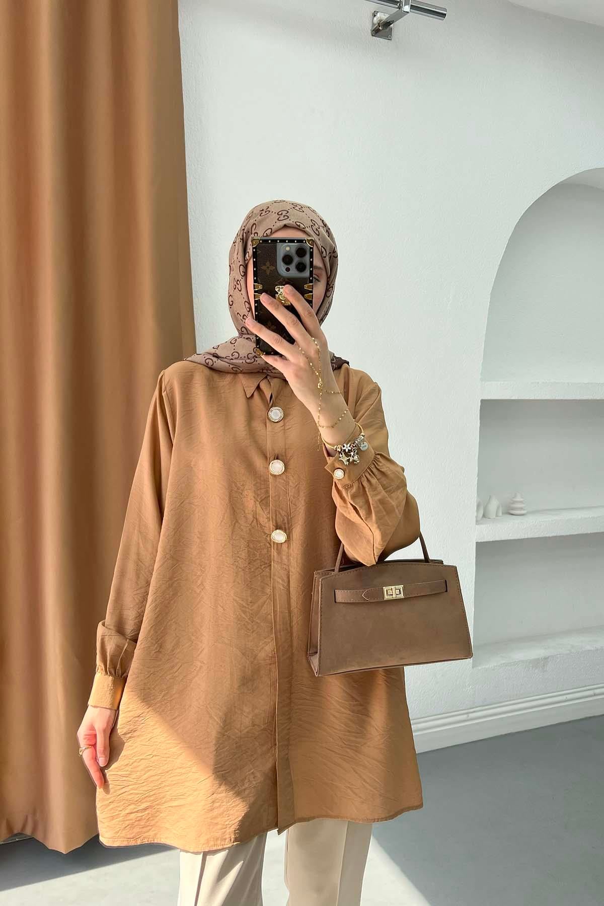 Düğme Detaylı Tunik Camel
