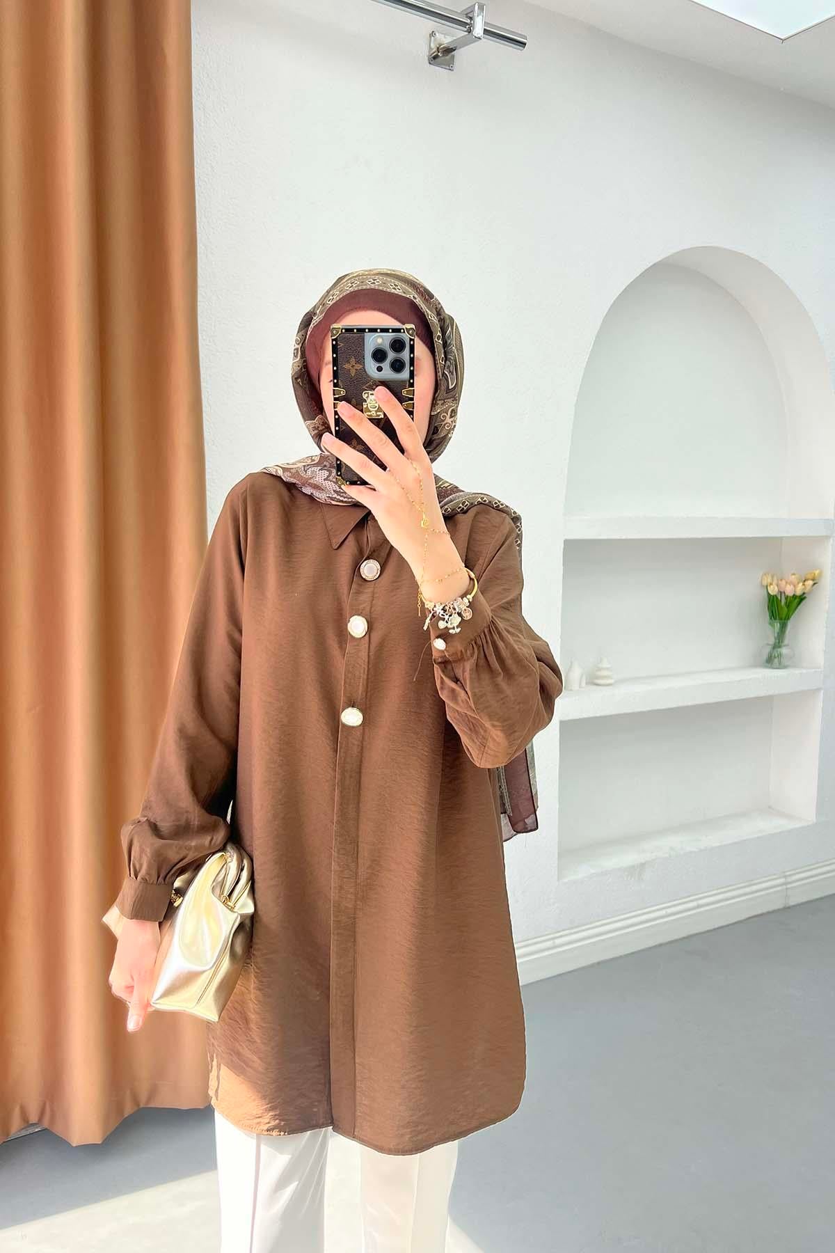 Düğme Detaylı Tunik Kahve
