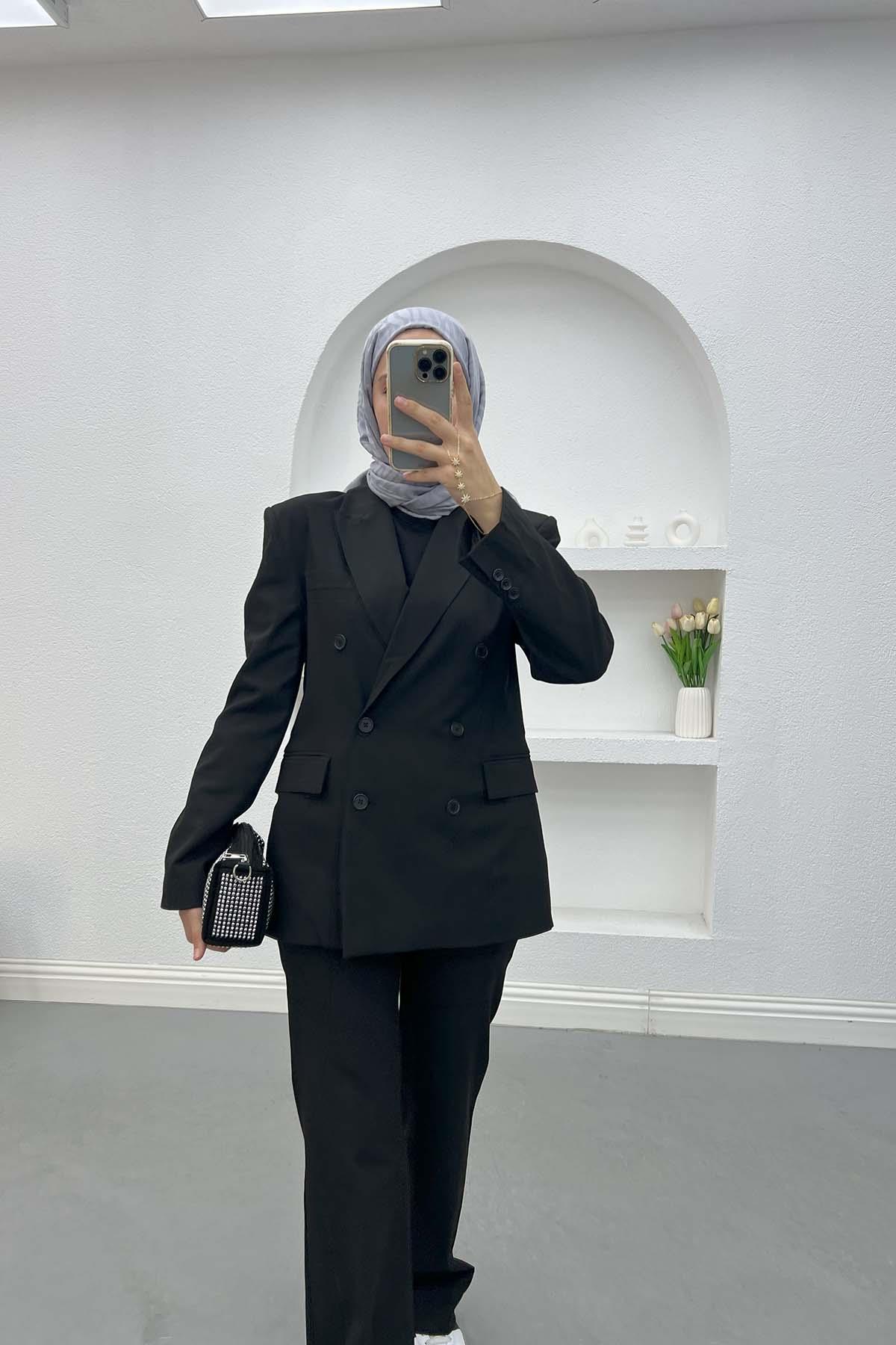 Düğmeli Ceket Takım Siyah