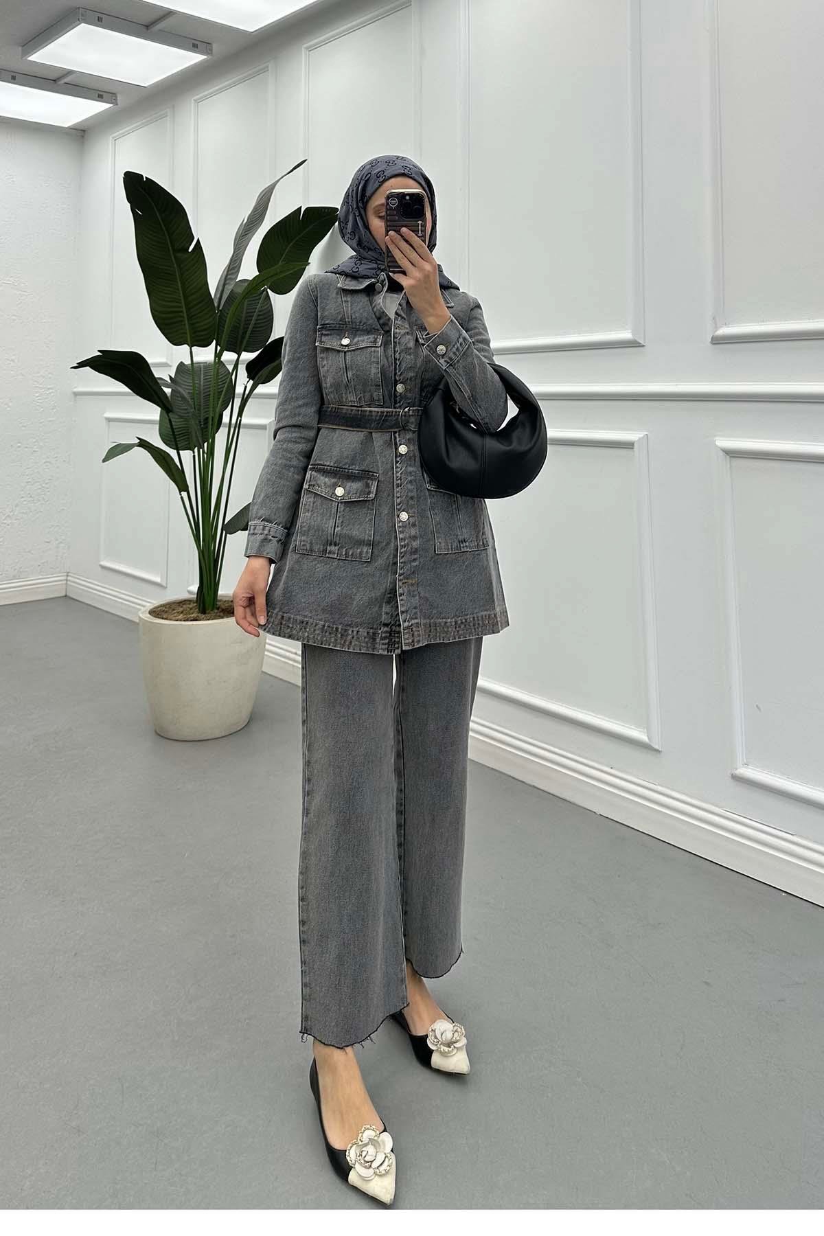 Düğmeli Denim Ceket Gri