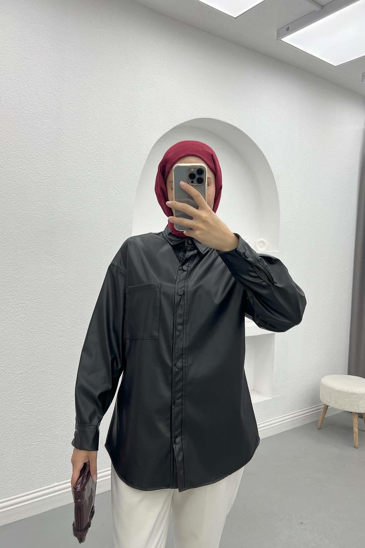 Düğmeli Deri Gömlek Siyah