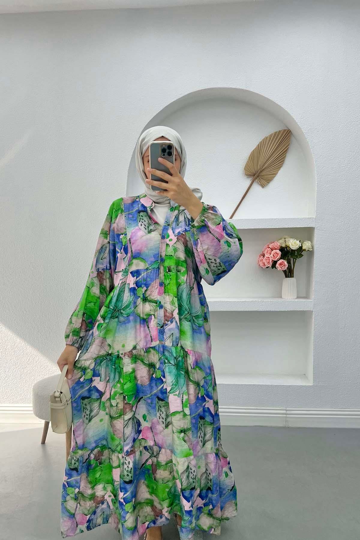 Düğmeli Desenli Elbise Yeşil
