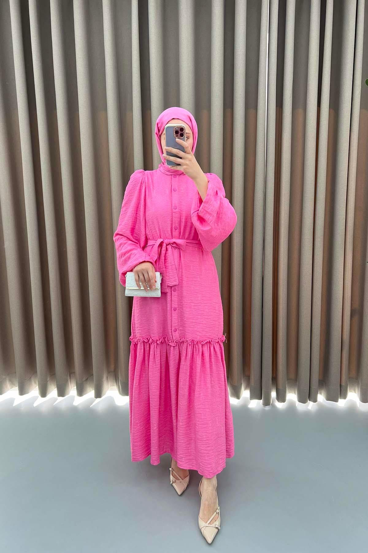 Düğmeli Dokulu Elbise Pembe