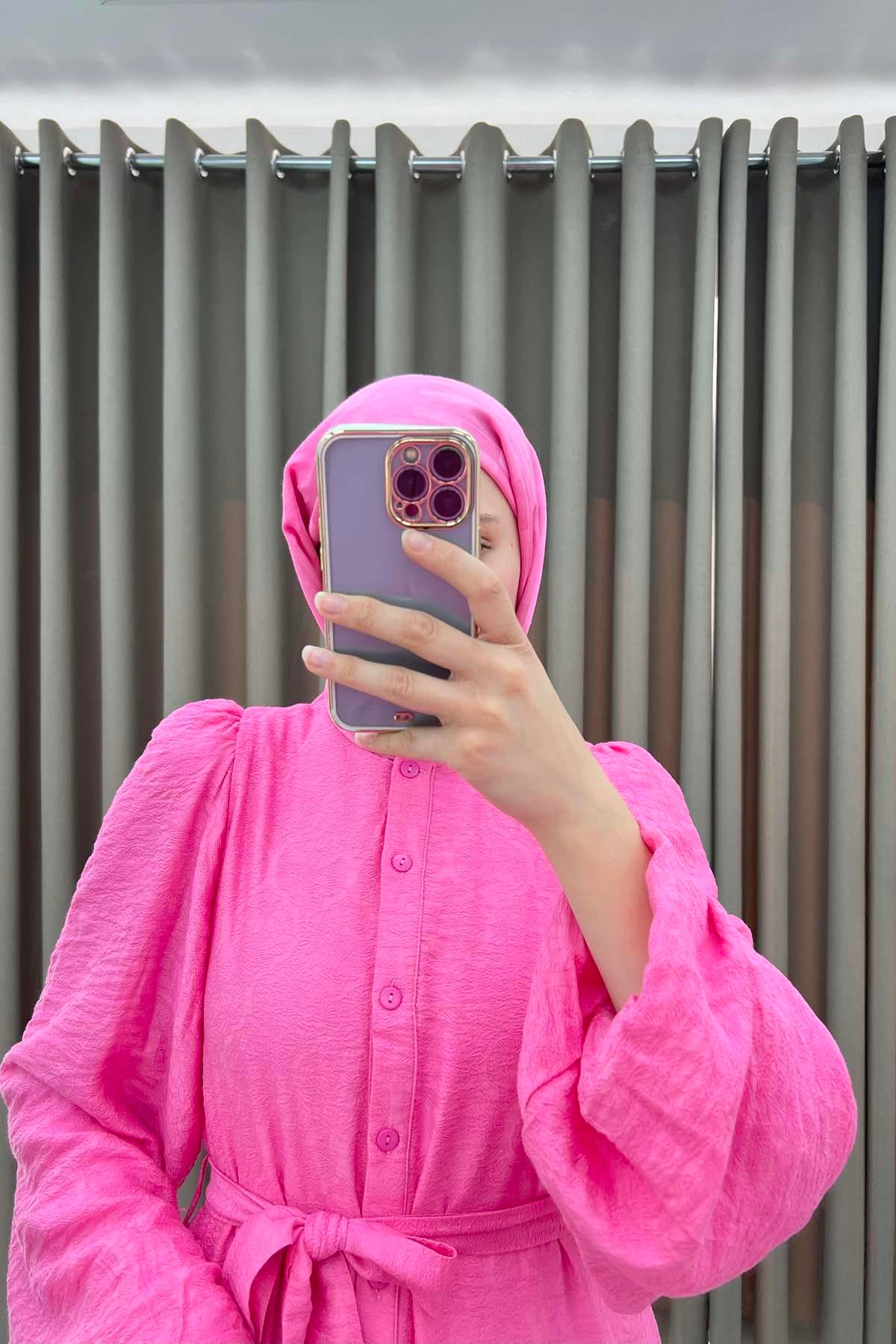 Düğmeli Dokulu Elbise Pembe