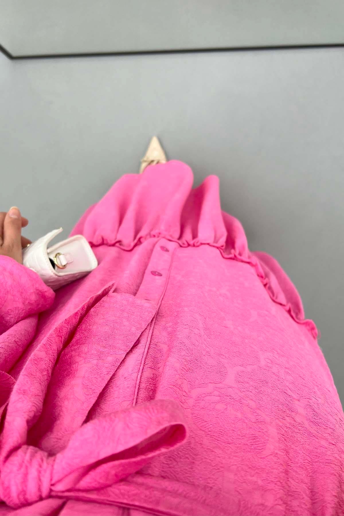 Düğmeli Dokulu Elbise Pembe