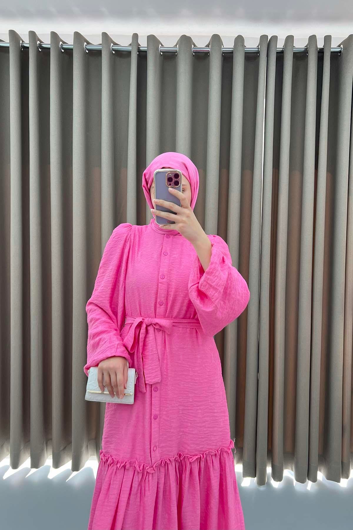Düğmeli Dokulu Elbise Pembe