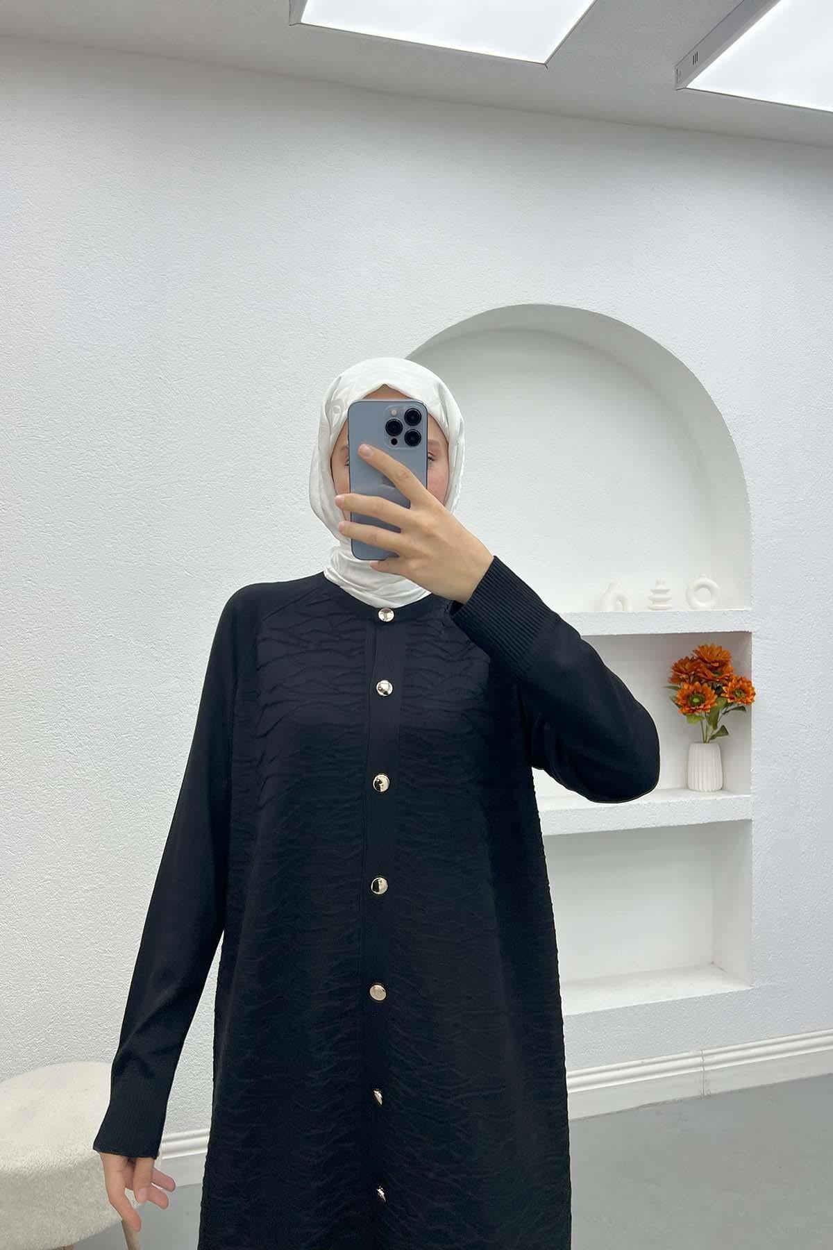 Düğmeli Dokulu Hırka Siyah