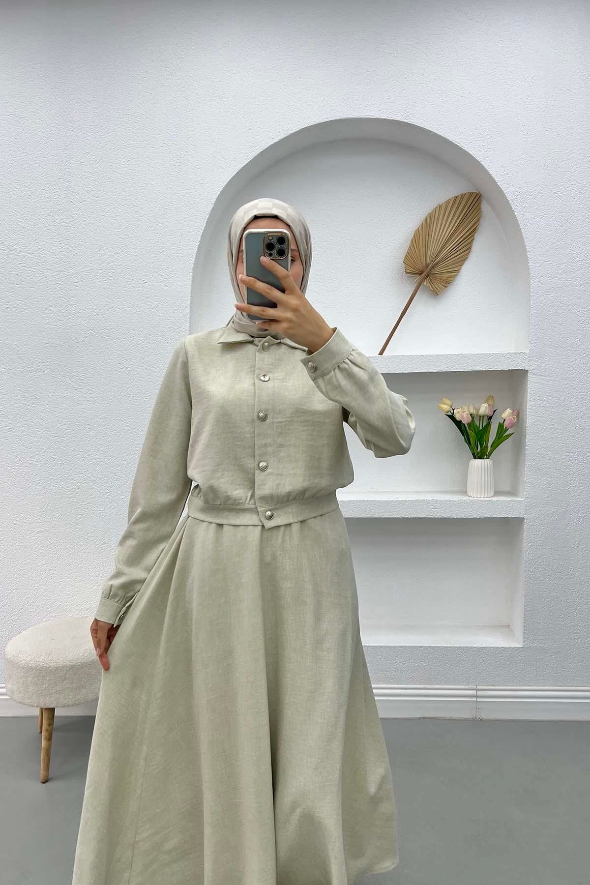 Düğmeli Etek Takım Bej