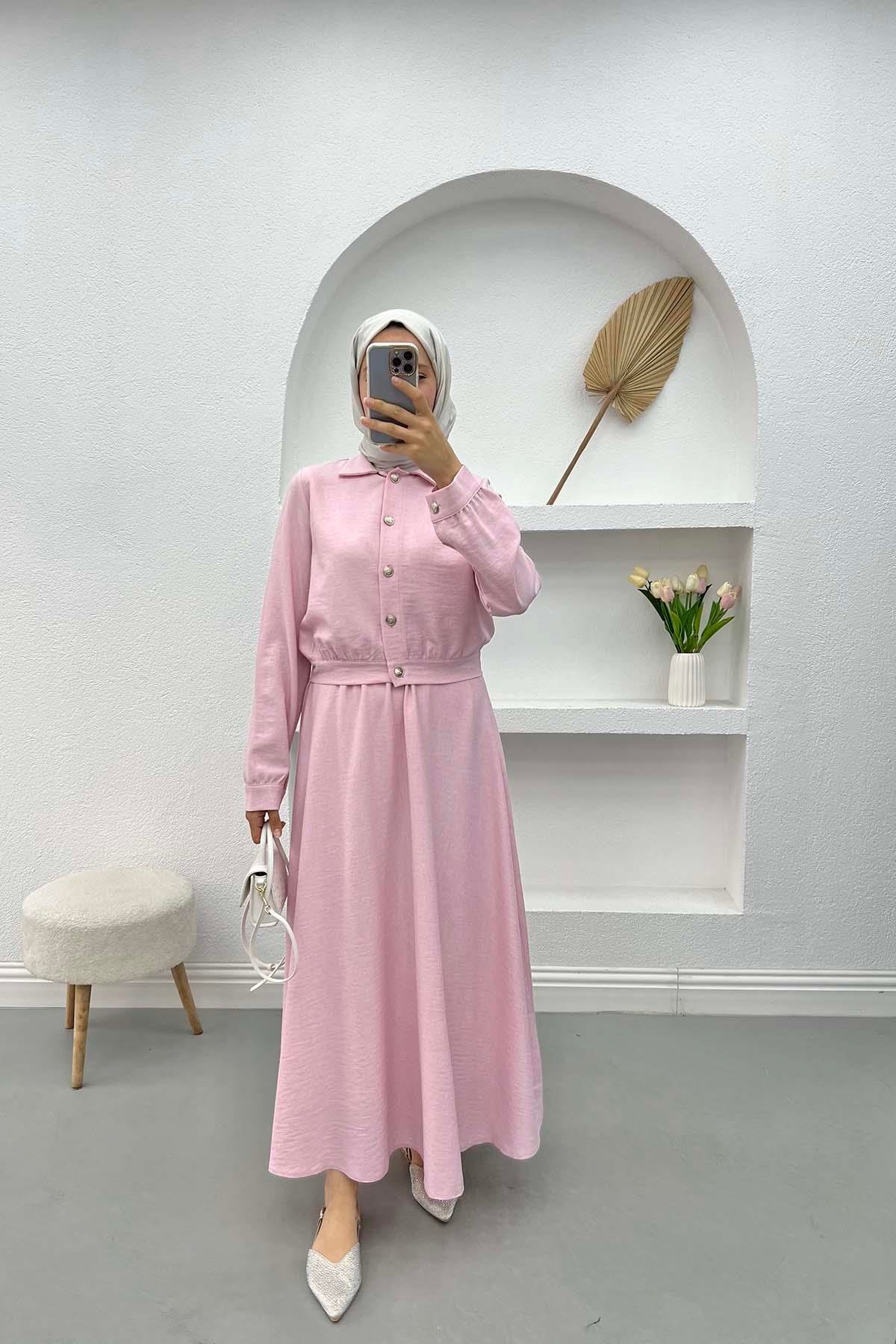 Düğmeli Etek Takım Pembe