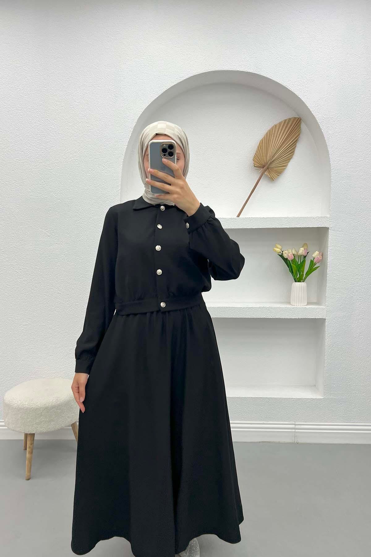 Düğmeli Etek Takım Siyah