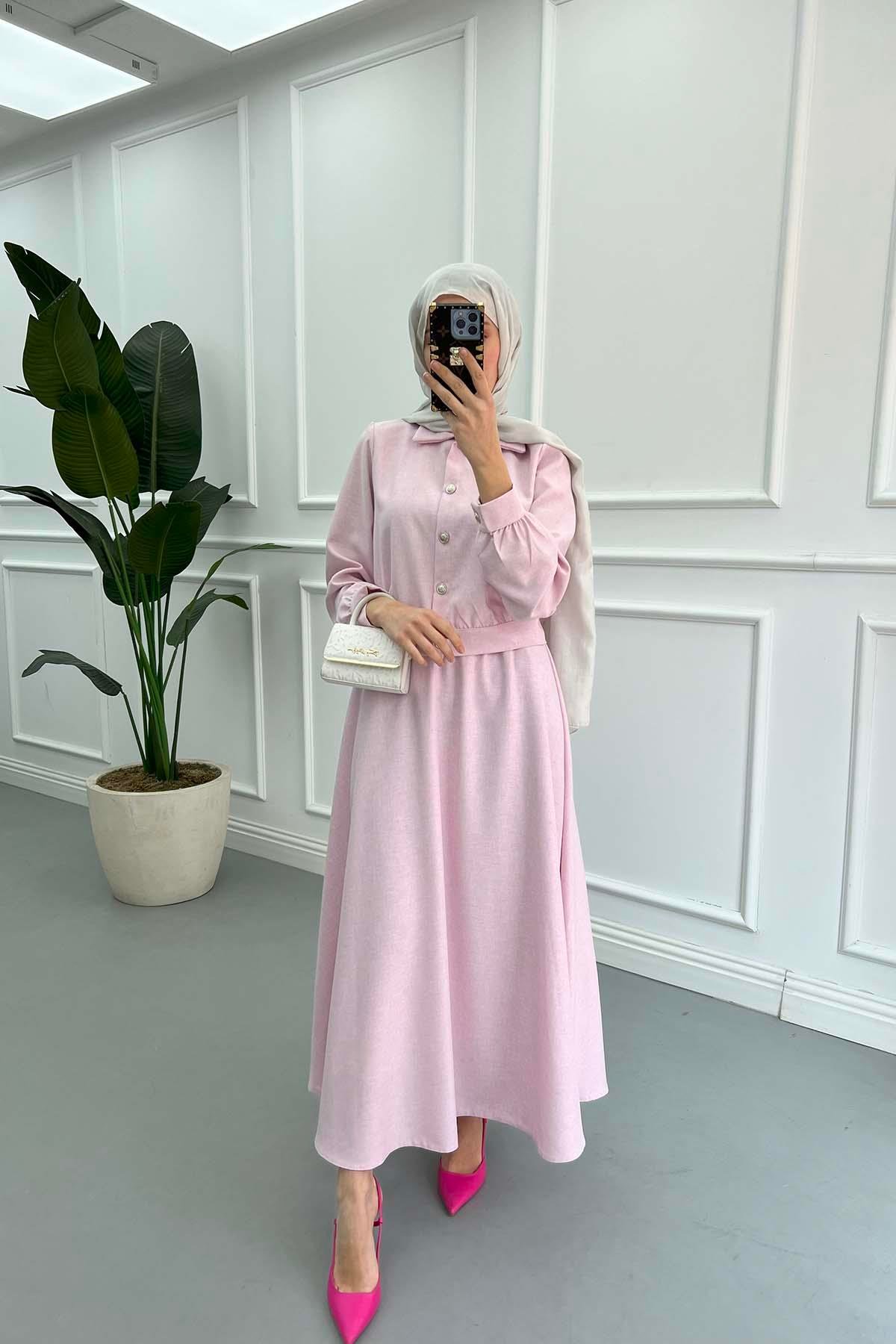 Düğmeli Etekli Takım Pembe