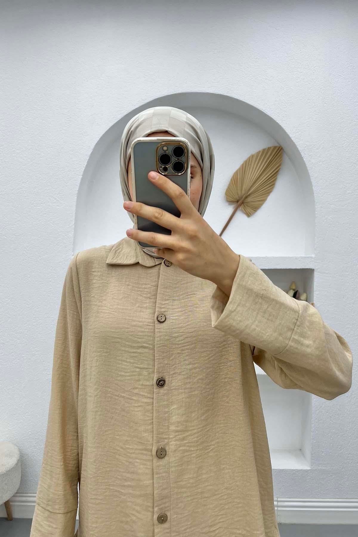 Düğmeli Keten Tunik Bej