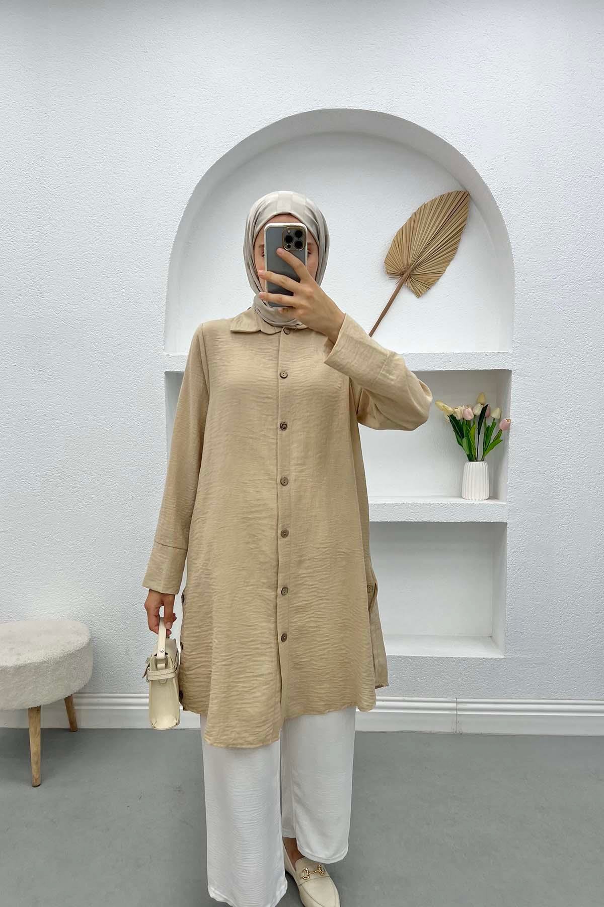 Düğmeli Keten Tunik Bej