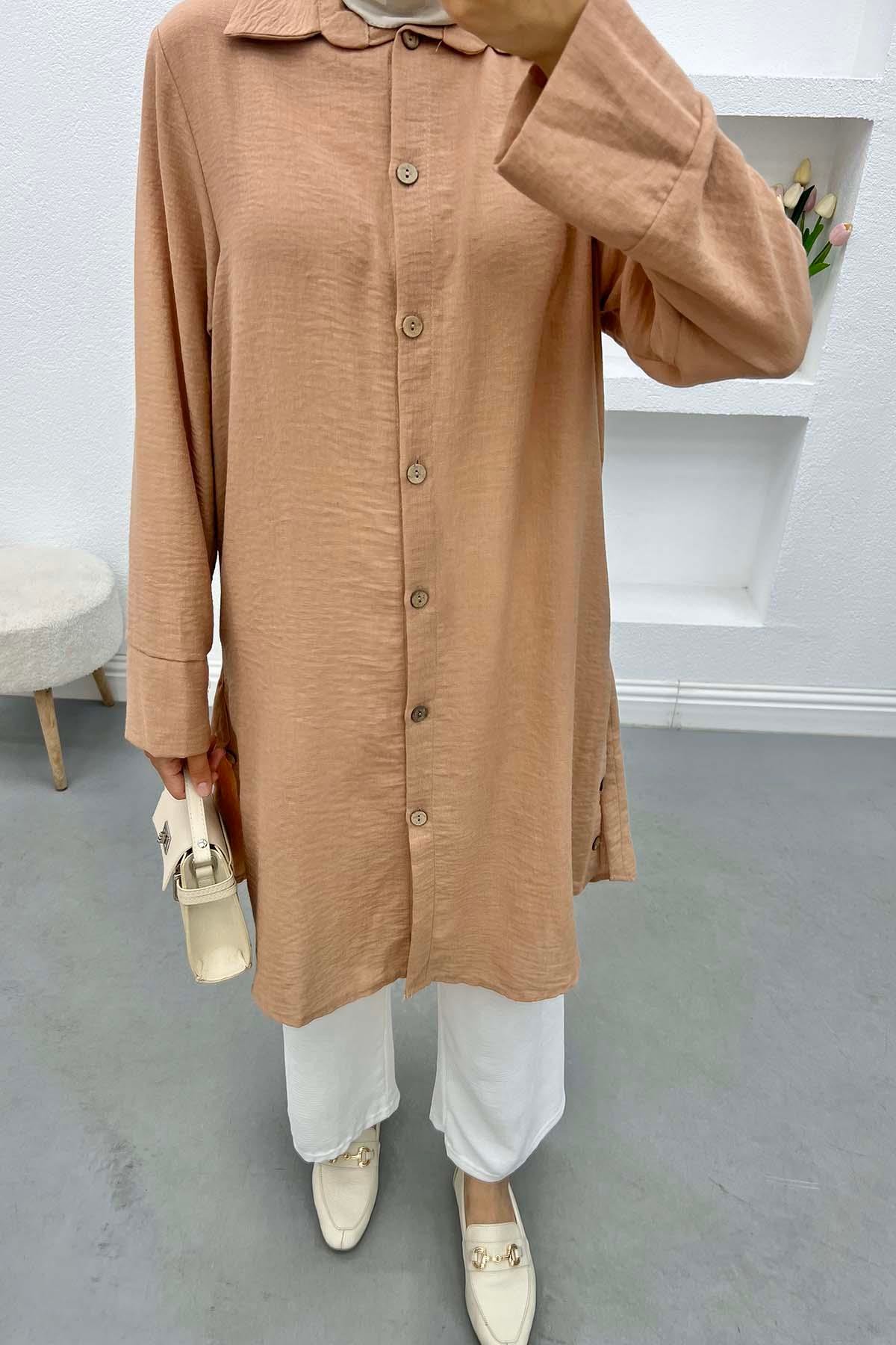 Düğmeli Keten Tunik Camel