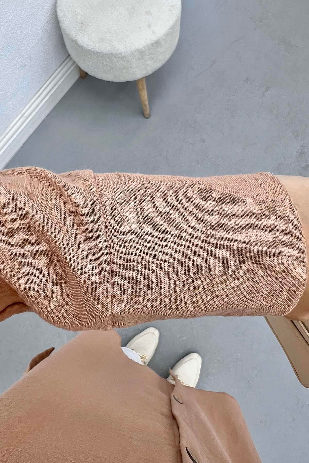 Düğmeli Keten Tunik Camel
