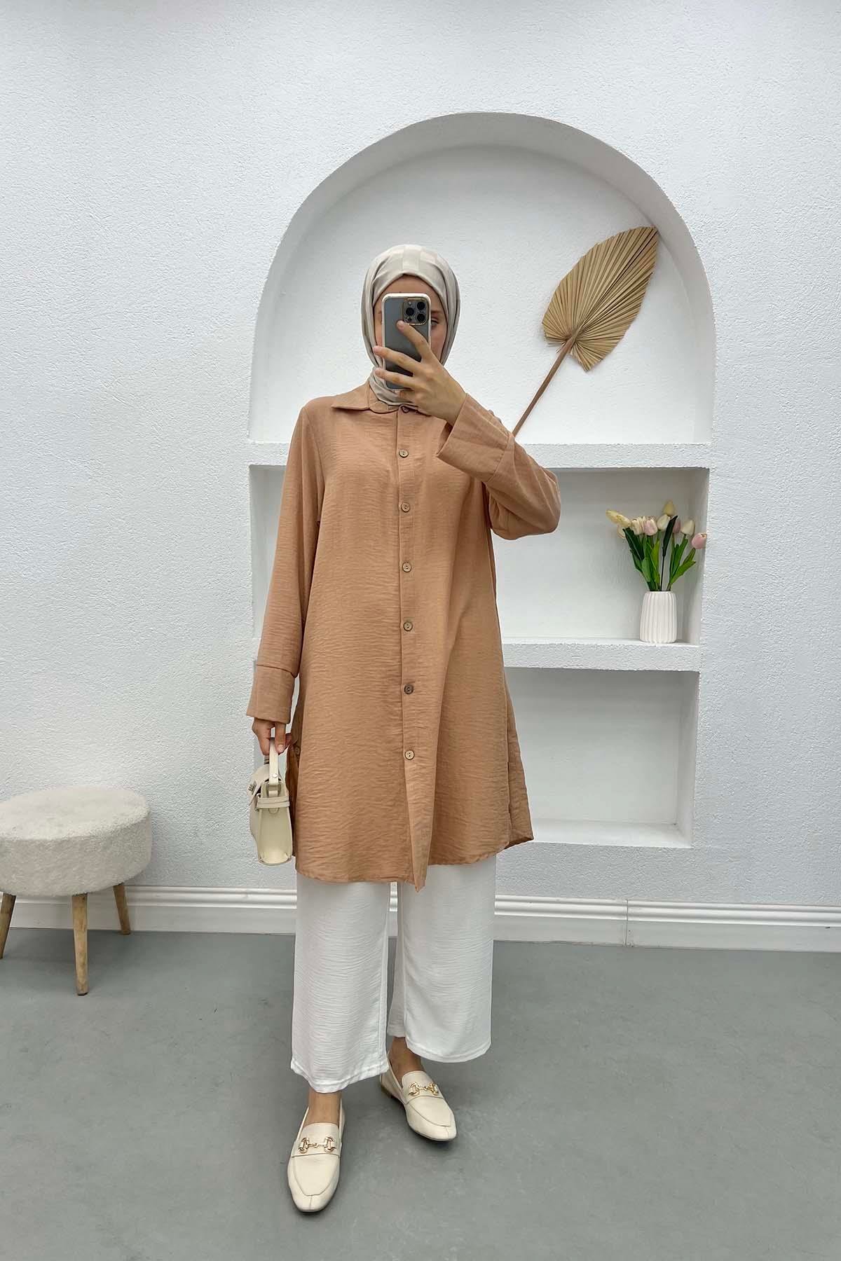 Düğmeli Keten Tunik Camel
