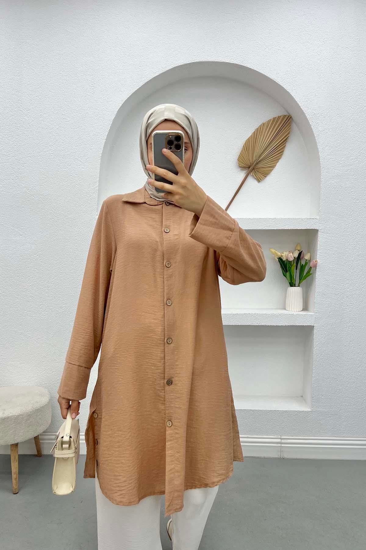 Düğmeli Keten Tunik Camel