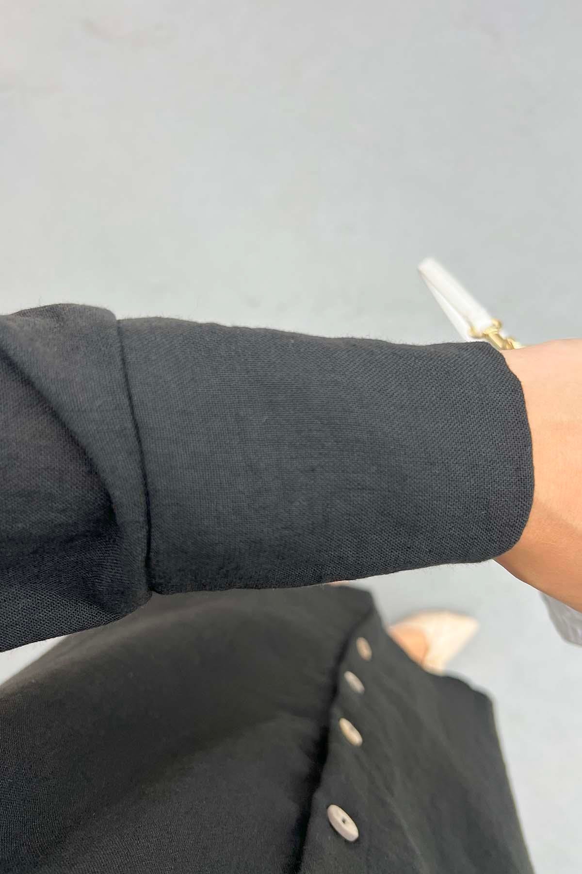Düğmeli Keten Tunik Siyah