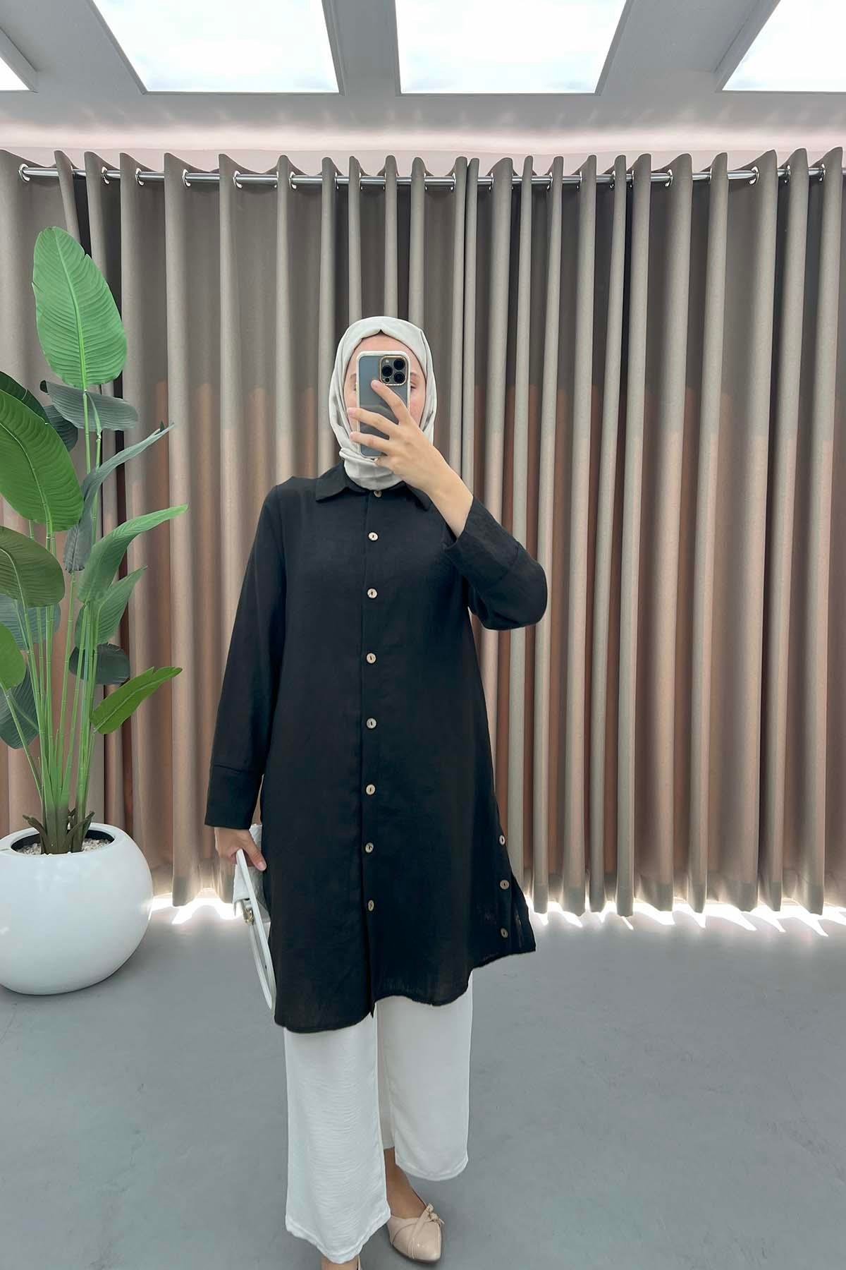 Düğmeli Keten Tunik Siyah