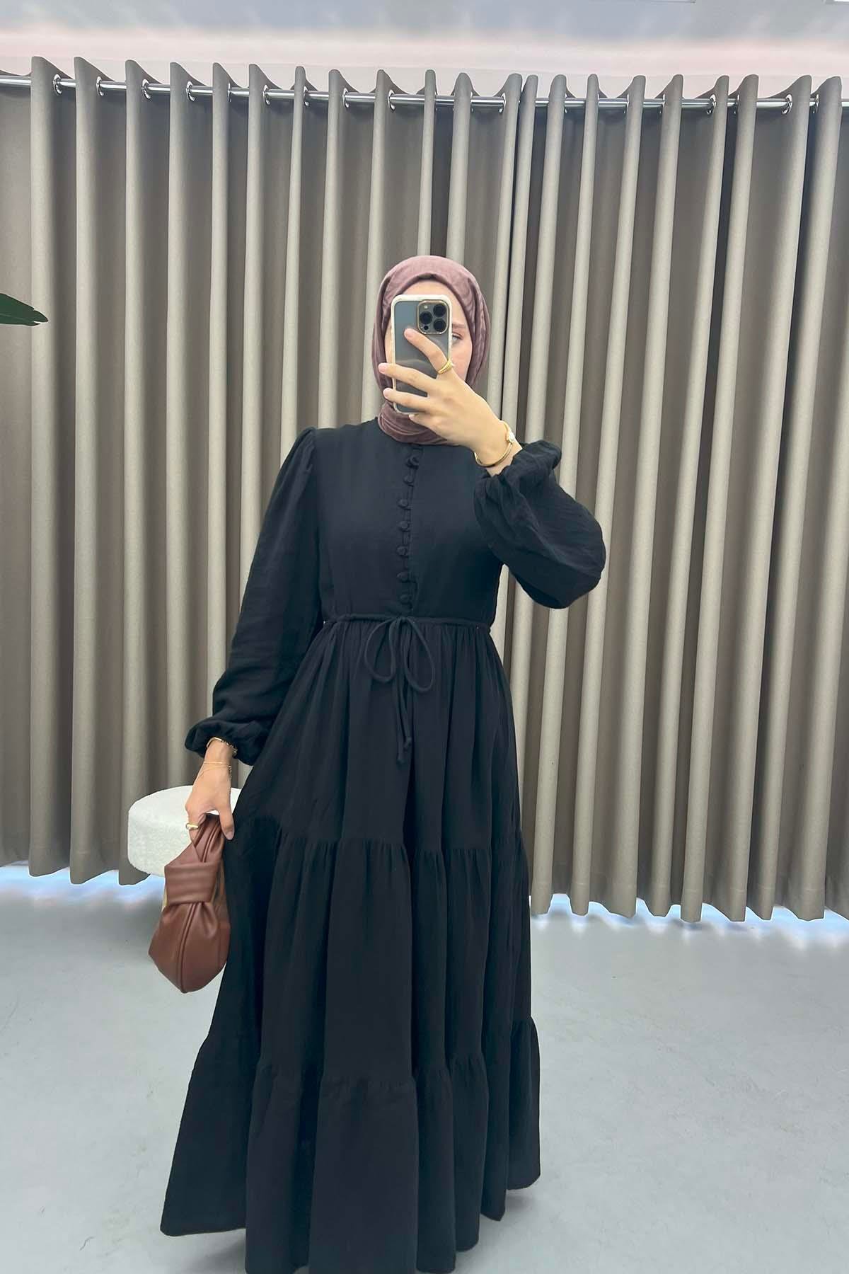 Düğmeli Müslin Elbise Siyah